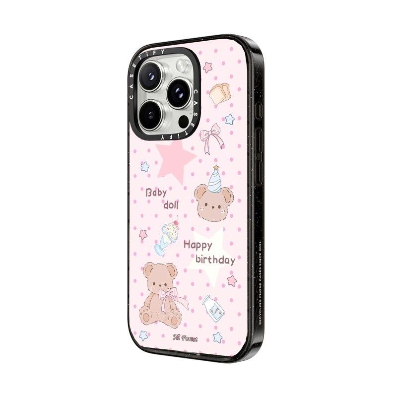 Casetify X Hi Forest Happy Every Day Ốp lưng cứng viền đen, chống sốc Impact, bộ sưu tập Peach Haze Cotton Candy, tương thích iPhone 12/13/14/15/16 Pro/Max/Plus, kèm hộp