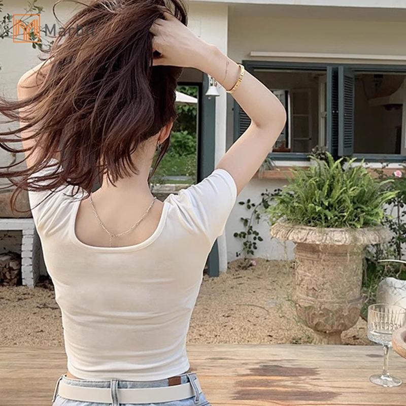 Marbit Mùa Hè Nguyên Chất Desire Gợi Cảm Cổ Vuông In Chữ Tay Ngắn Áo Thun Nữ Crop Top Mới