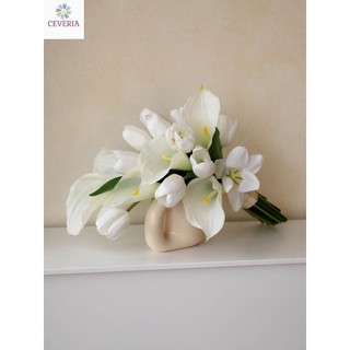 bó hoa cưới cô dâu rum và tulip trắng nhân tạo lễ thành hôn, lễ cưới, chụp ảnh cưới CEVERIA