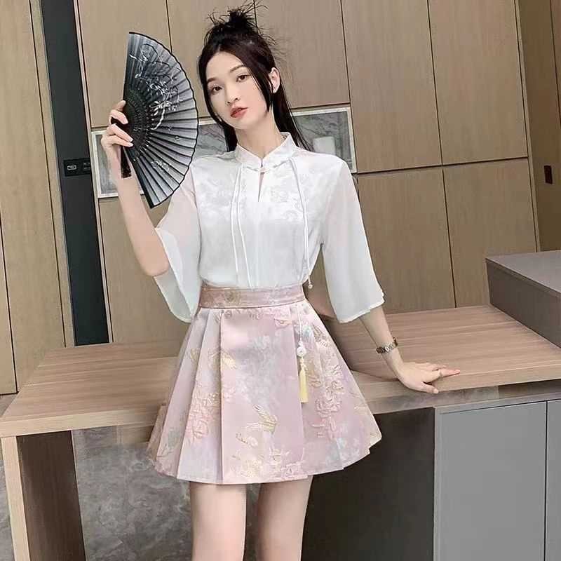 Cao Cấp Jacquard Phong Cách Quốc Gia Váy Mặt Ngựa Nữ Nửa Chiều Chữ A Ôm Xếp Ly Váy