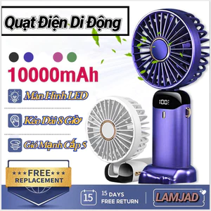 LAMJAD Quạt Mini Cầm Tay Có Đèn LED Hiển Thị 100% Công Suất, Có Thể Gập Lại, Tốc Độ Gió 5 Tốc Độ, Pin Lớn