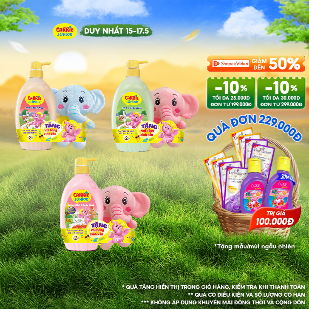 Chai Sữa Tắm Gội Carrie Junior Yoghurt 700g + Voi Bông Ngẫu Nhiên ...