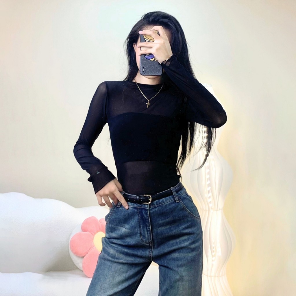Áo lưới kiểu tay dài PINKSTORE29 kèm áo lót, phong cách xuyên thấu gợi cảm A5892