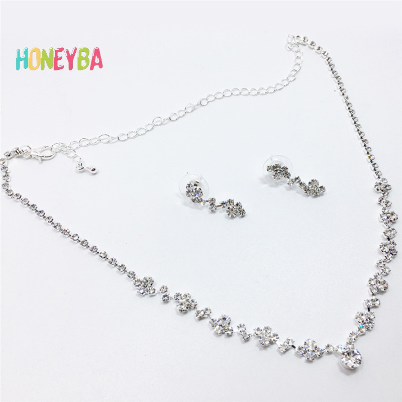 < Honeyba > Bộ Bông Tai Vòng Cổ Pha Lê Phù Dâu Bạc Trang Sức Cưới Cô Dâu Trang Sức Trang Sức