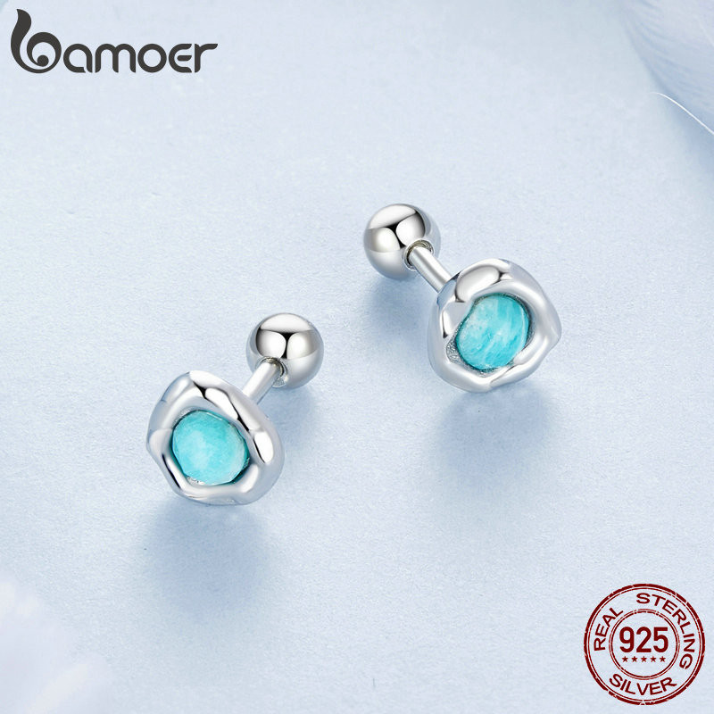 Bamoer 925 Sterling Sliver Bông Tai Thiết Kế Amazonite Trang Sức Quà Tặng Cho Nữ