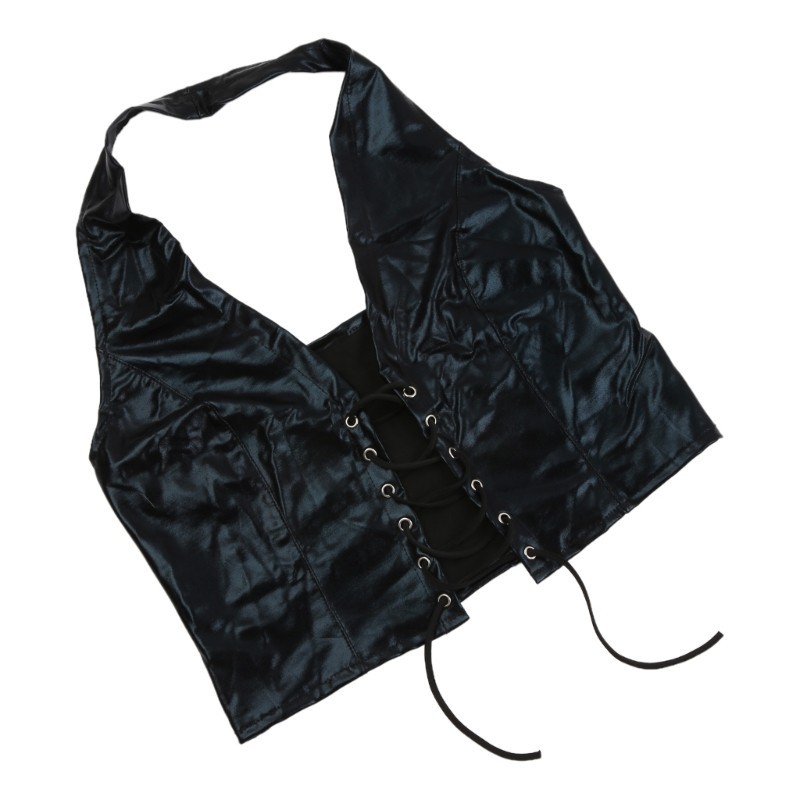 Vic Nữ Punk Không Tay Crop Top Dây Cổ Chữ V Lưng Rỗng Vest Sáng Bóng Giả Da Crisscross Ren-Up Một Phần