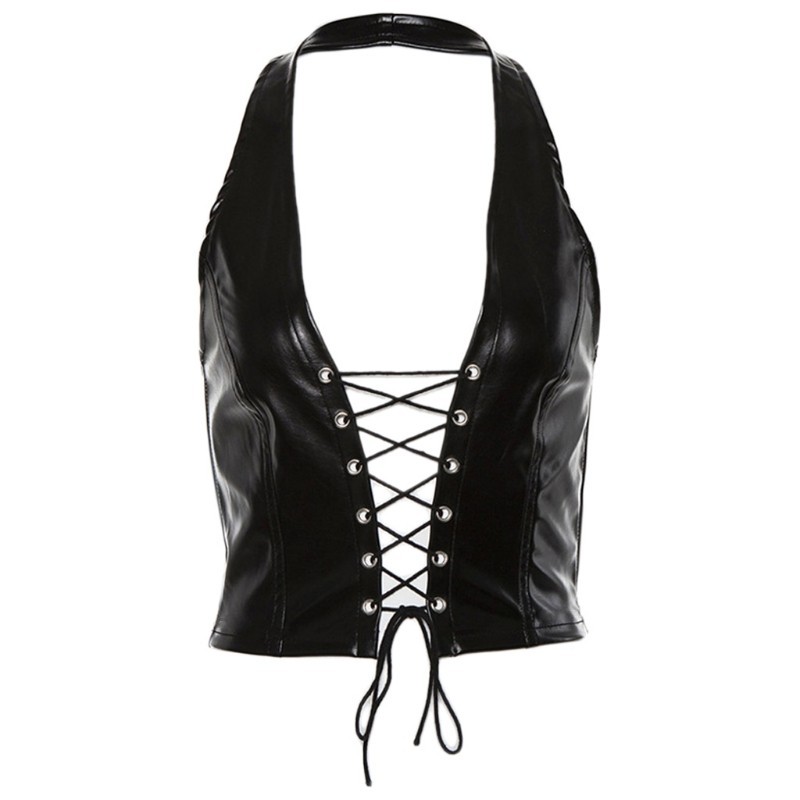 Vic Nữ Punk Không Tay Crop Top Dây Cổ Chữ V Lưng Rỗng Vest Sáng Bóng Giả Da Crisscross Ren-Up Một Phần