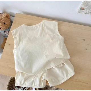 Bộ Trang Phục Bé Không Tay In Hình Gấu Nâu Trắng, Cổ Tròn, Quần Short