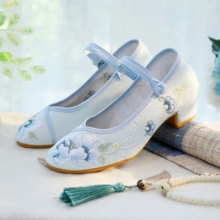 Giày Fang He Ling Yue 2024 mới gót vuông phù hợp với váy cheongsam Hanfu phong cách dân tộc giày thêu