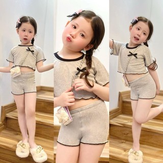 S124-  Set bộ áo thun Croptop phối quần leggin đùi cho bé iu Cotton Vải Gân Cotton - Size 8-30Kg