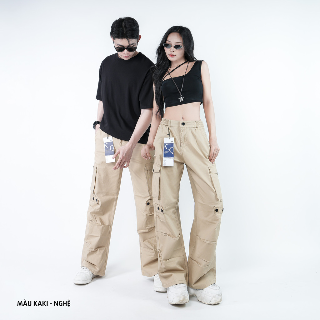 Ảnh Quần Cargo Túi Hộp Unisex Kaki 100 Cotton KQSTYLING Ống Rộng Form Wide Cạp Nút Chun Sau WDV01 1
