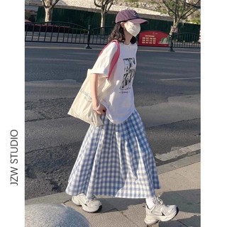 M-4XL Váy Dài Size Lớn Nữ [Chất Liệu Polyester Thoải Mái Thân Thiện Với Da Phong Cách Hàn Quốc Váy Xếp Ly Kẻ Sọc Trắng Xanh Váy Chữ a Váy Nữ Xuân Hè Phong Cách Preppy Cao Cấp Váy Giữa Chiều Dài Rời Ôm Hơn Nhìn Size Lớn Quần Áo Nữ