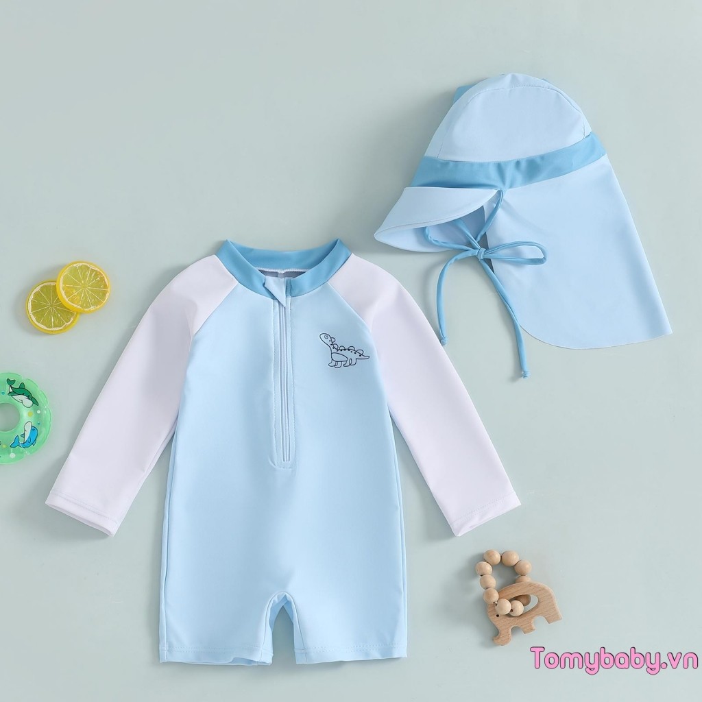 Bé Trai Rash Guard Đồ Bơi Màu Sắc Tương Phản Khủng Long In Hình Dài Tay Mock Cổ Zip Bộ Đồ Tắm + Mũ