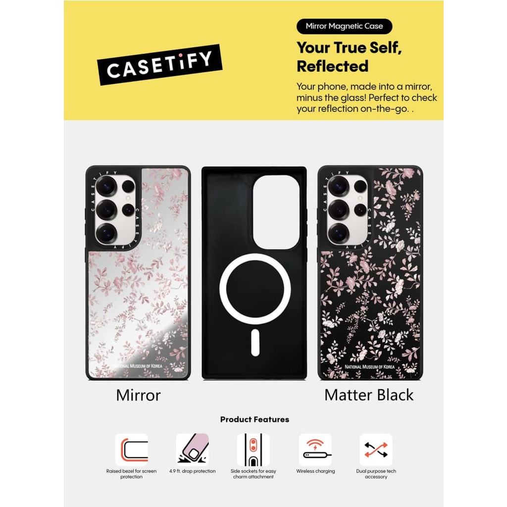 Casetify X Ốp lưng làm đẹp thẩm mỹ Matte Black & Sliver Mirror Vỏ hút từ tính Samsung Galaxy S23 S24 S25 Ultra Plus Mặt sau cứng có hộp khắc logo