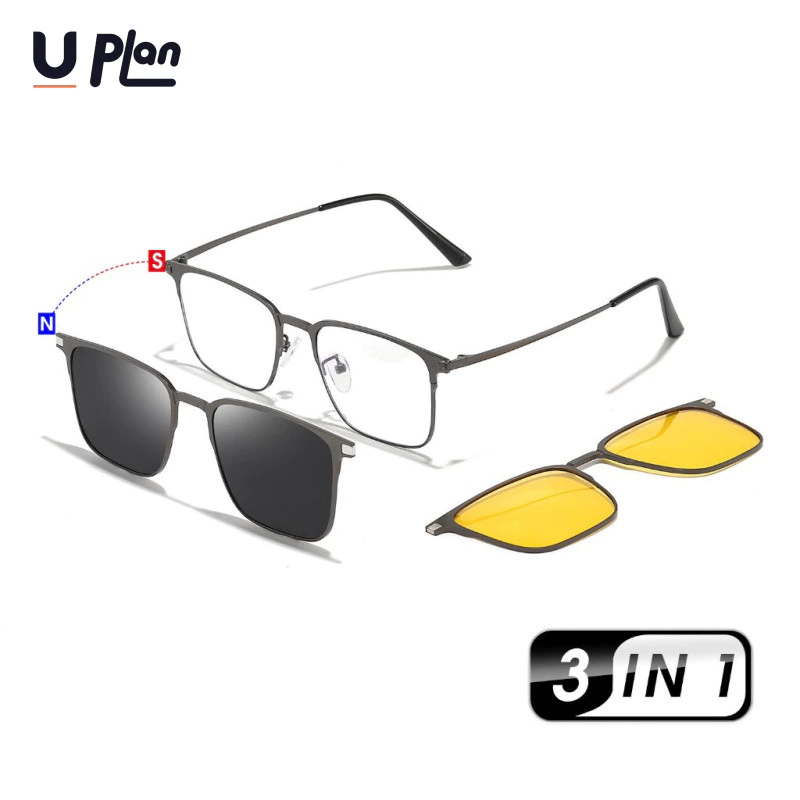 UPLAN Kính Mát 3 Trong 1 Kính Chống Nắng Thời Trang Nam Kính Mát Phân Cực Khung Kính Hợp Kim Nhỏ Vuông Kính 3 Ống Kính Unisex Chống Tia UV Kính Mắt