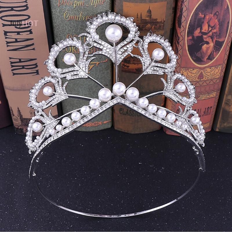 Julyhot Handmade Ngọc Trai Cô Dâu Pha Lê Tiara Tóc Lớn Vương Miện Cuộc Thi Đảng Băng Đô Massivedeals