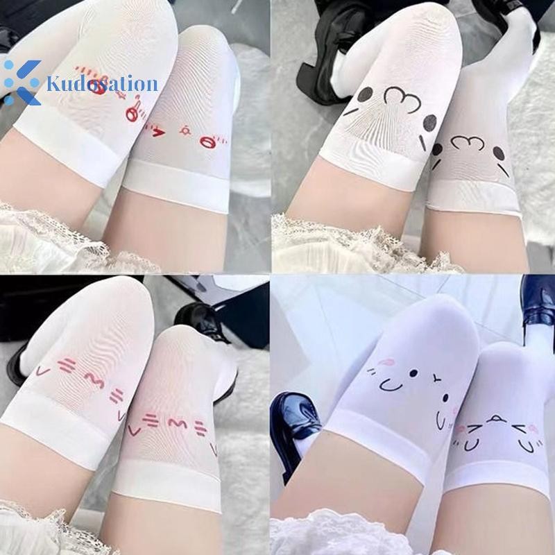 Kudosation Paw Đùi Tất Trắng In Tất Dài JK Bông Tai Kẹp Biểu Hiện Trên Đầu Gối Đùi Vớ Cao Nhật Bản Cosplay Tất