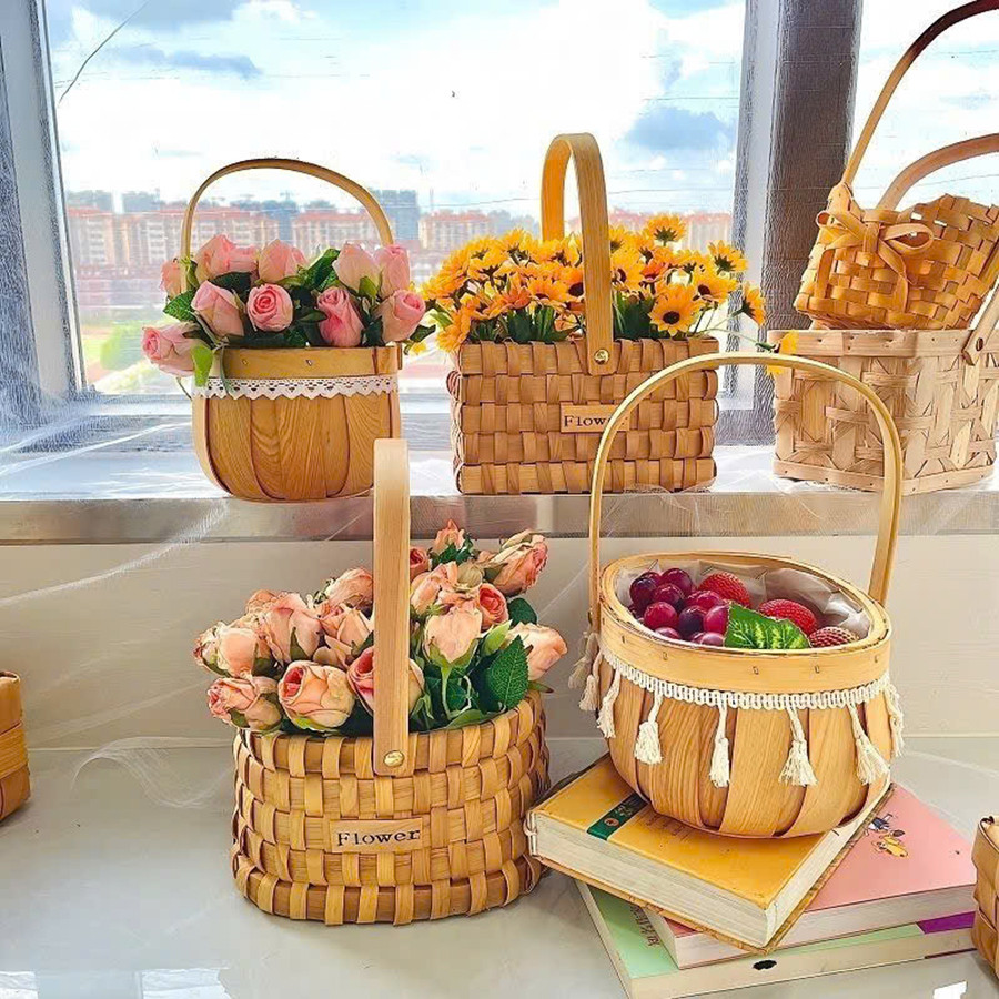 Giỏ Cắm Hoa, Đựng Trái Cây, Giỏ Trứng Đan Thủ Công Decor Có Quai Xách - Giỏ Xách Tay Đựng Quà, Hái Dâu Tây Chụp Ảnh
