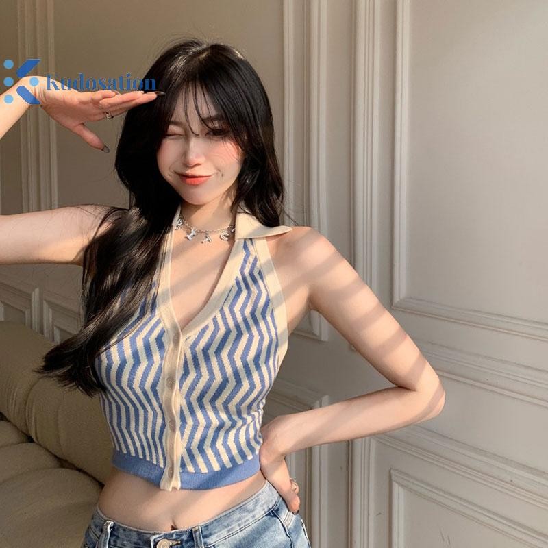 Kudosation Dệt Kim Crop Top Nữ Cổ Gắn Xe Tăng Áo Gợi Cảm Mùa Hè Sọc Midriff-baring Áo Lưng Không Tay Sang Trọng Y2k Top Đẹp