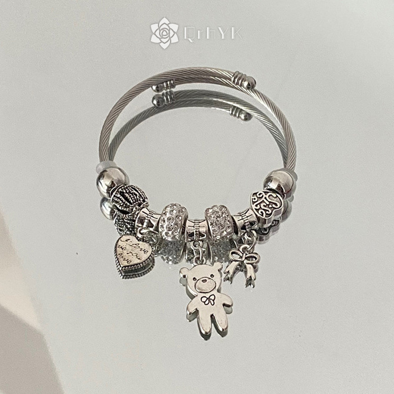 Qrhyk Cổ Đính Hạt Charm Vòng Tay Gấu Mặt Dây Chuyền Trái Tim Tình Yêu Có Thể Điều Chỉnh Vòng Tay Nữ DIY Trang Sức Quà Tặng Mới