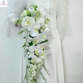 Bó hoa cưới cầm tay cô dâu từ hoa nhân tạo lụa và cao su  kiểu thác đổ dáng dài CEVERIA TĐ01
