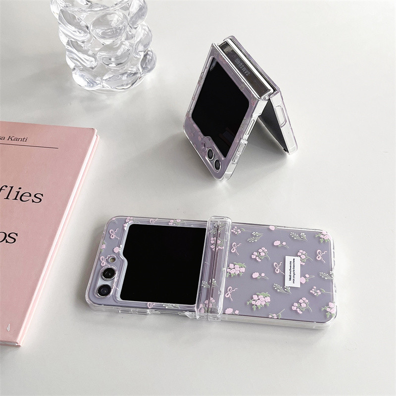 Dành Cho Samsung Galaxy Z Flip 5 Flip 4 Flip3 5G Ốp điện thoại Phong Cách Hàn Quốc Họa Tiết Hoa Dễ Thương Trong Suốt Gấp Chống Sốc Mặt Sau PC Cứng Trong Suốt