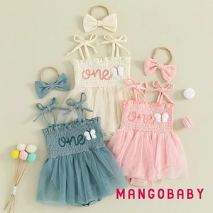 Mg-baby Bé Gái Trang Phục Sinh Nhật Không Tay Chữ Dây Buộc Áo Liền Quần Có Nơ Băng Đô Quấn Tóc Quần Áo Mùa Hè