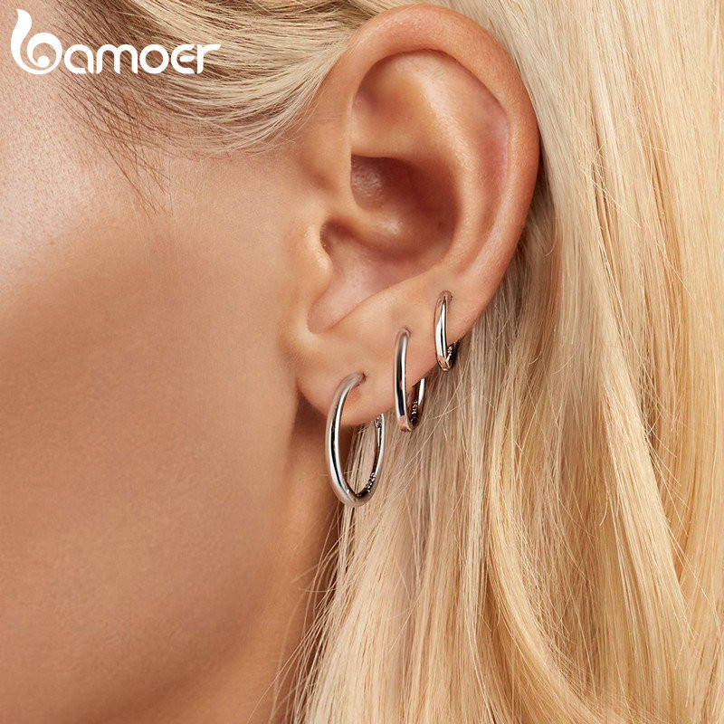 Bông tai vòng bạc Bamoer 925 Sterling Quà tặng trang sức tối giản cho nữ