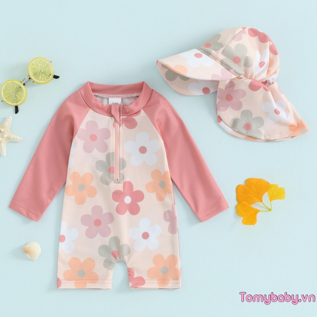 Bộ đồ bơi đi biển bé gái dài tay in hoa / cây nhiệt đới có khóa kéo lên Bộ đồ tắm + mũ 2 chiếc