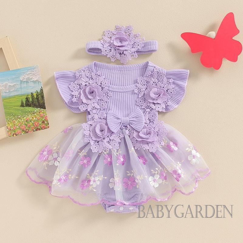 Baga-infant Bé Gái Trang Phục Mùa Hè Tay Bay Thêu Hoa Áo Liền Quần Có Băng Đô