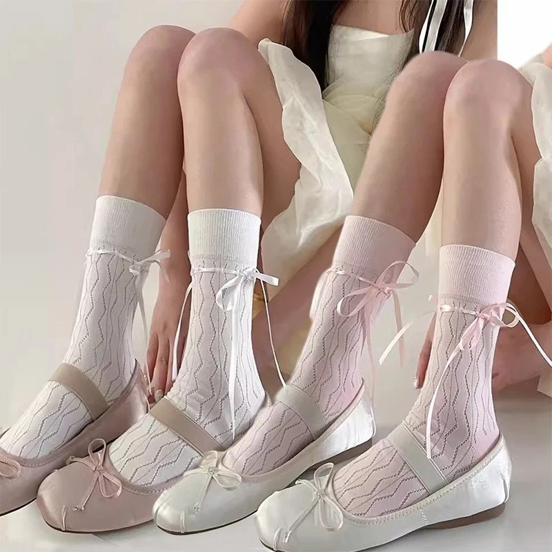 Tất ruy băng nơ phong cách múa ba lê nữ - Mềm mại thoải mái thoáng khí - Tất ống giữa lưới rỗng cho bé gái - Dễ thương ngọt ngào Nhật Bản - Tất dài JK Lolita - Tất thường ngày