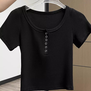Áo Croptop Khuy Bấm Dáng Babytee Ôm Cổ Tròn Tay Ngắn