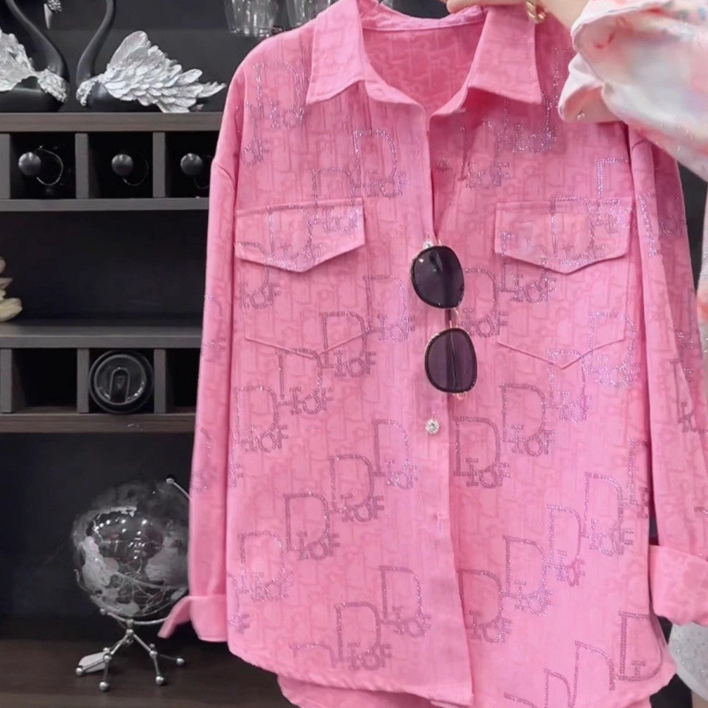 Thiết kế sáng tạo Công nghiệp nặng In đầy đủ Kim cương nóng Áo sơ mi Denim Áo khoác nữ dáng rộng thường ngày