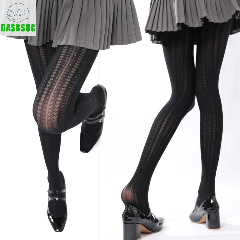 Dasbsug Thanh Lịch Rỗng Dọc Trái Tim Jacquard Quần Nữ Thẩm Mỹ Eo Lụa Quần Vớ Màu Trơn