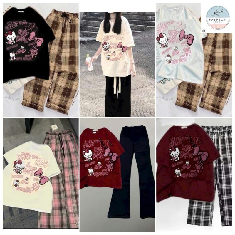 Tổng Hợp Các Sét Quần Ống Rộng + Mix Kèm Áo Phông hình MÈO Hê Lô Kít TYY -quần áo unisex94