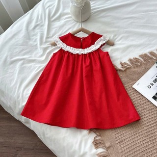 Váy Đỏ Thêu Hoa Phối Bèo Trắng Nơ Đỏ Chất Thô Cotton Cho Bé 8-26kg