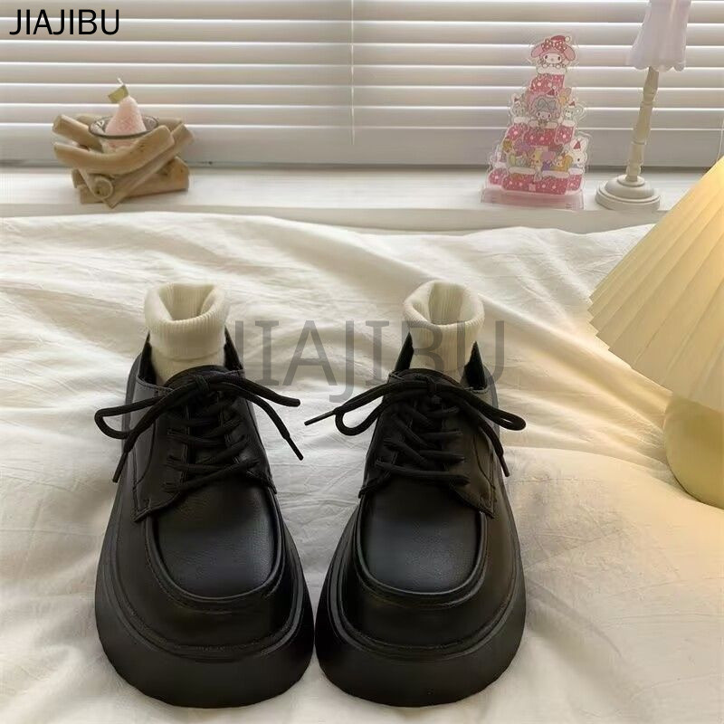 Size 34-46 Giày Da Mũi Tròn Chống Trượt Phong Cách Preppy Của Anh Giày Nữ Cỡ Lớn Giày Buộc Dây Oxford 44 Giày Đi Học Màu Đen 43 Korean Fashion Cosplay Platform Mary Jane Shoes Retro Japanese Casual JK Shoes French Soft Sole Lolita Doll Shoes Giày Mũi To