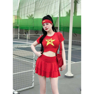 Áo đỏ sao vàng croptop vạt chéo chất siêu đẹp, sẵn sll đội nhóm