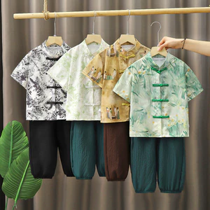 Bé Trai Phong Cách Trung Hoa Phù Hợp Với Mùa Hè Phong Cách Mới Thời Trang Hanfu Mùa Hè Tay Ngắn Quần Crop Mới Phong Cách Trung Hoa Khóa Đường Phù Hợp Với 90-150 Kích Thước RFAG