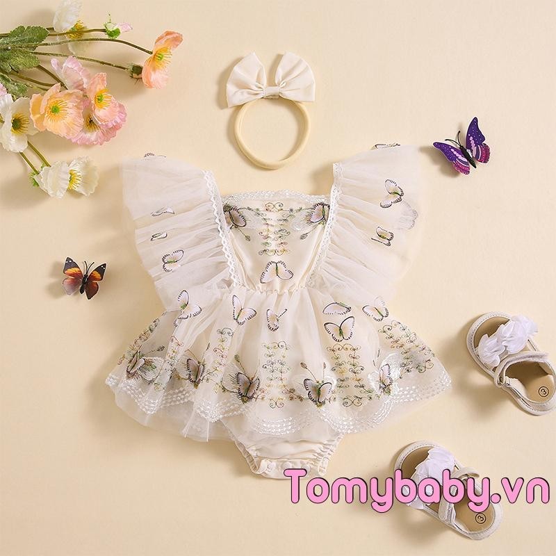 Bé Gái Rompers Ren Viền Họa Tiết Bướm Thêu Bay Tay Áo Tulle Viền Body Quần Áo + Băng Đô