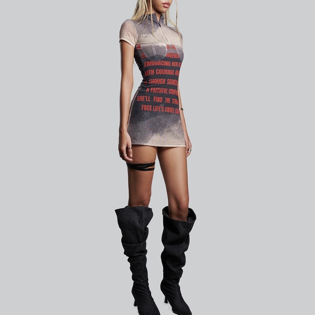Ảnh IUNU High Neck Letter Printed Dress - Đầm body lưới thun in chữ 1