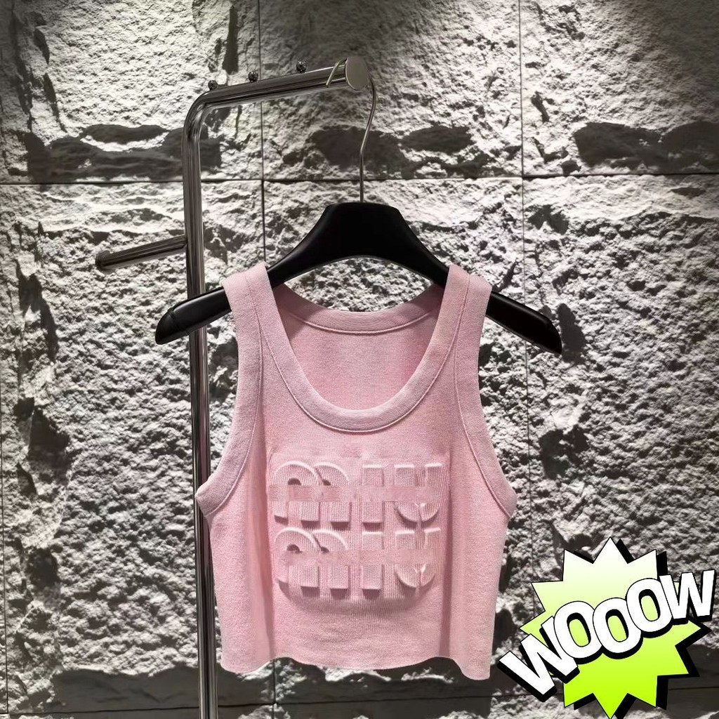 Milyfashion Nhỏ Mùa Hè Sản Phẩm Mới Dệt Kim Crop Chữ Ngắn Dập Nổi Áo yếm Không Tay