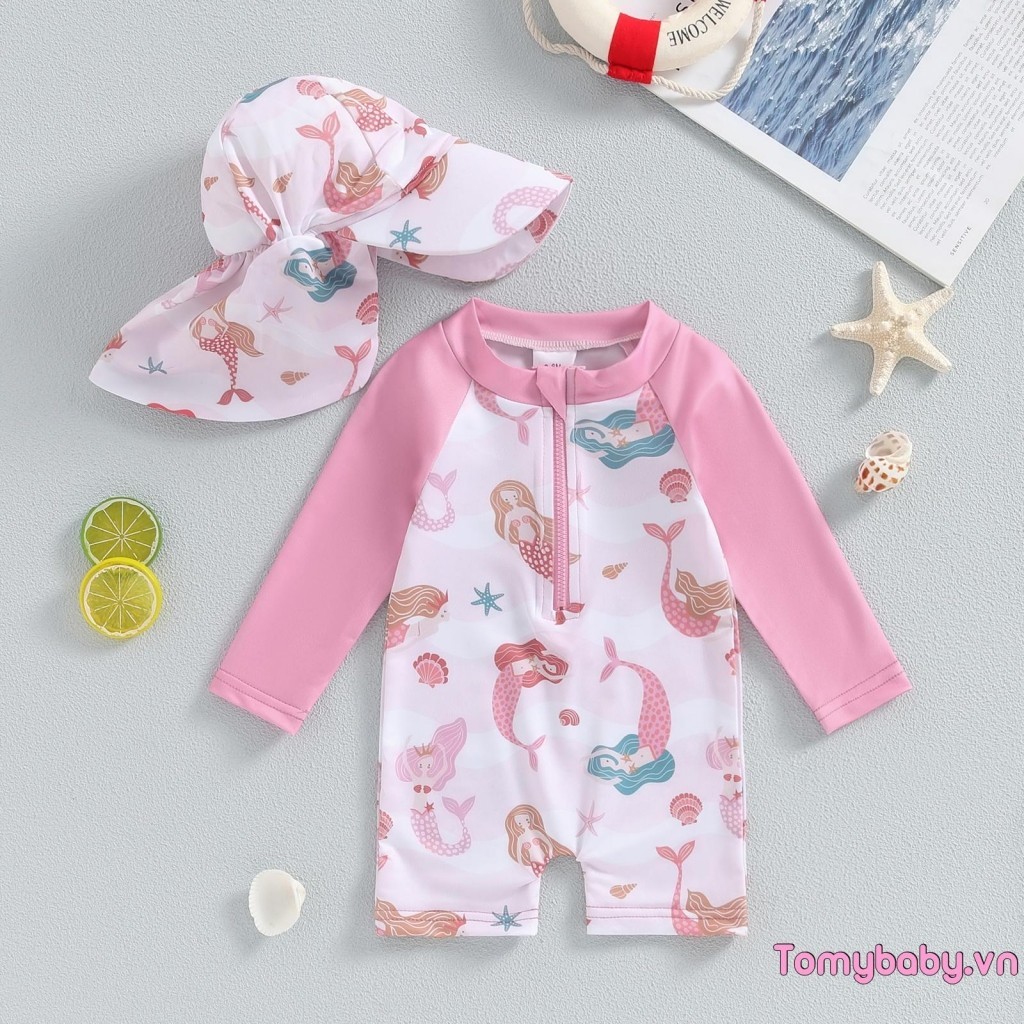 Bộ đồ tắm cho bé gái Bộ đồ bơi dài tay in vỏ biển + Mũ chống nắng vành rộng