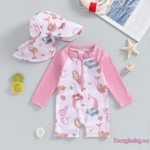 Bộ đồ tắm cho bé gái Bộ đồ bơi dài tay in vỏ biển + Mũ chống nắng vành rộng