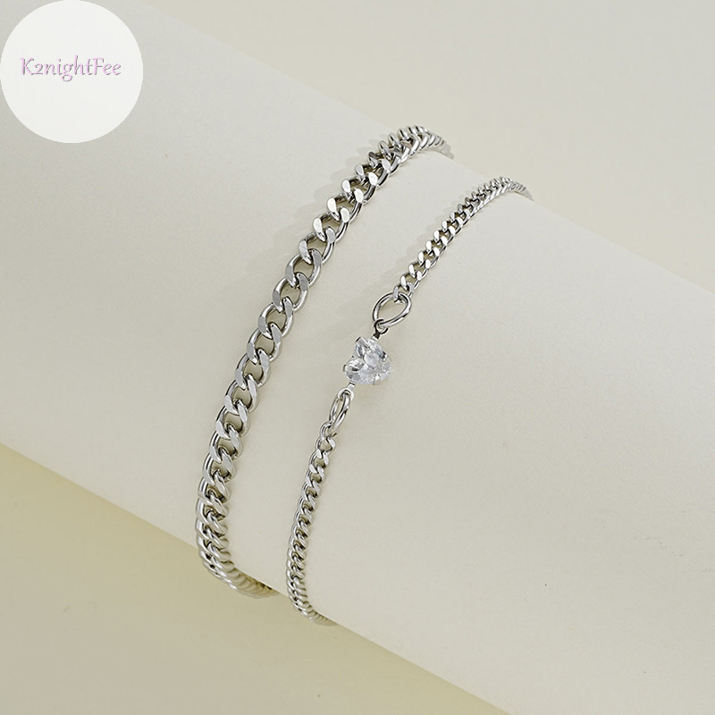 K2nightfee Bộ Vòng Tay Inox Thời Trang Đơn Giản Cho Cặp Đôi Unisex Nam Nữ Tình Yêu Pha Lê Trái Tim Bạc Dây Xích Vòng Tay Trang Sức Quà Tặng VN