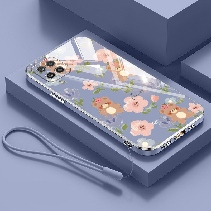 Ốp Điện Thoại YBD Cho Samsung Galaxy A12 Nacho M12 A12S F12 A22 4G 5G M22 M32 F22 4G Họa Tiết Gấu Hoa Nhỏ Dễ Thương Đi Kèm Dây Treo Silicon Cùng Màu