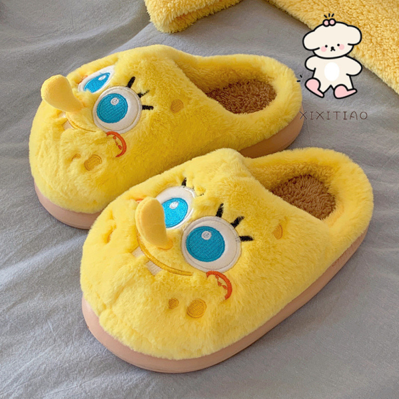 Xixitiao Cotton Dép SpongeBob SquarePants Thu Đông Phong Cách Baotou Lông Cừu Ấm Áp Trong Nhà Mềm Dày-