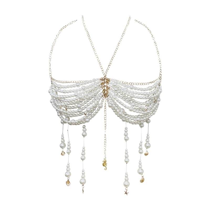 Elega Ngọc Trai Đính Ren Dây Crop Top Với Tua Rua Cho Nữ Lễ Hội Body Chain Áo Ngực