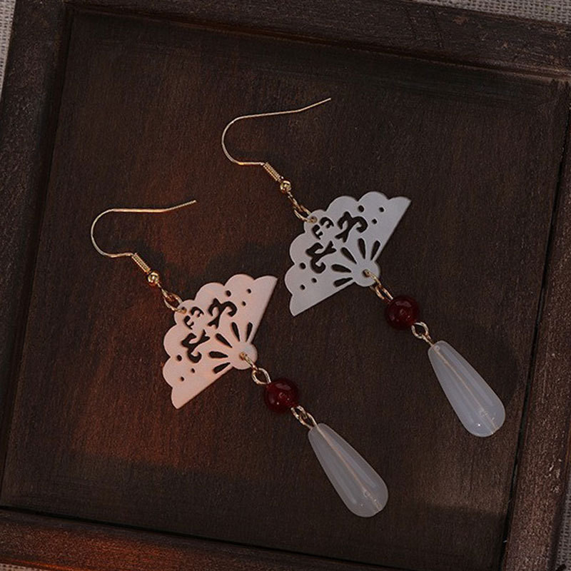 Bông tai hình quạt ngọc trai tua rua retro Hanfu, khóa an toàn cho trang phục nữ