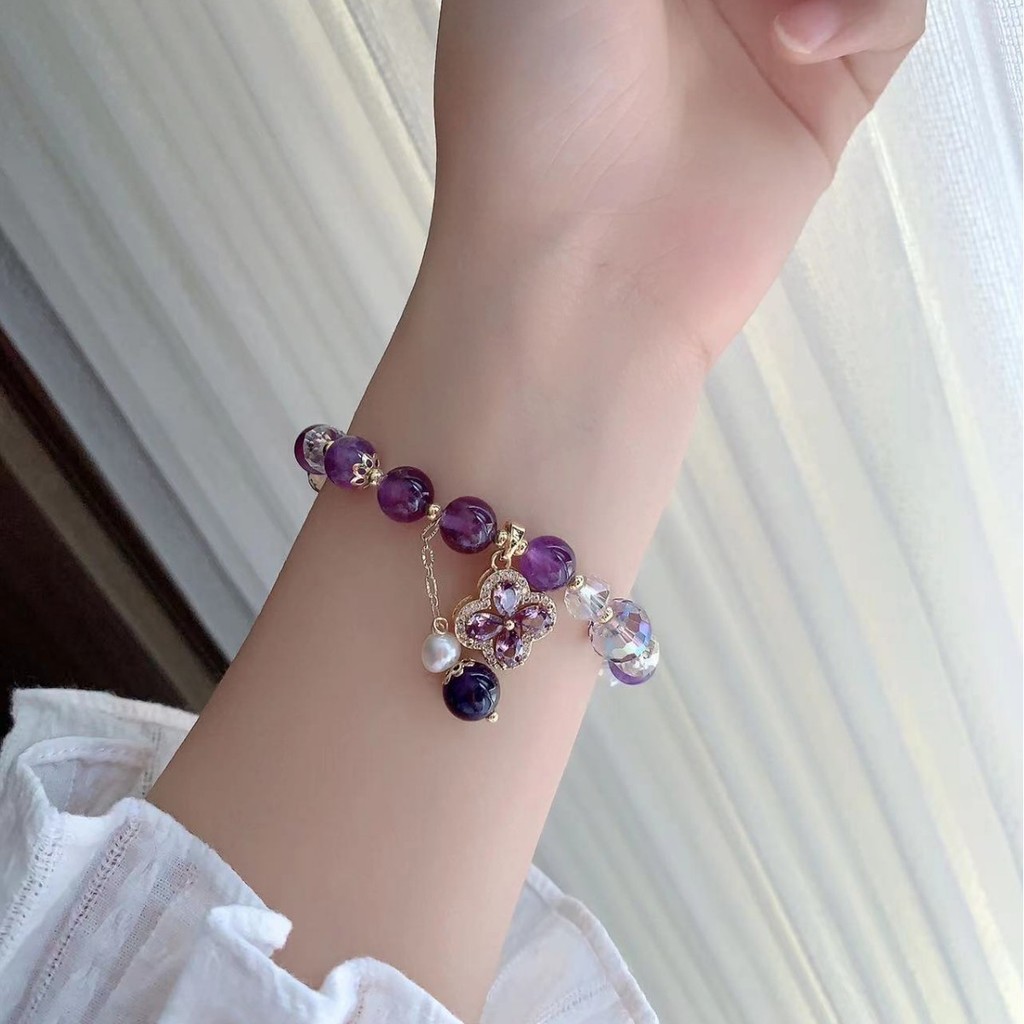 Vòng tay cỏ ba lá thạch anh tím giả dành cho nữ Thiết kế mô phỏng nhẹ nhàng Vòng tay cổ điển sang trọngGift